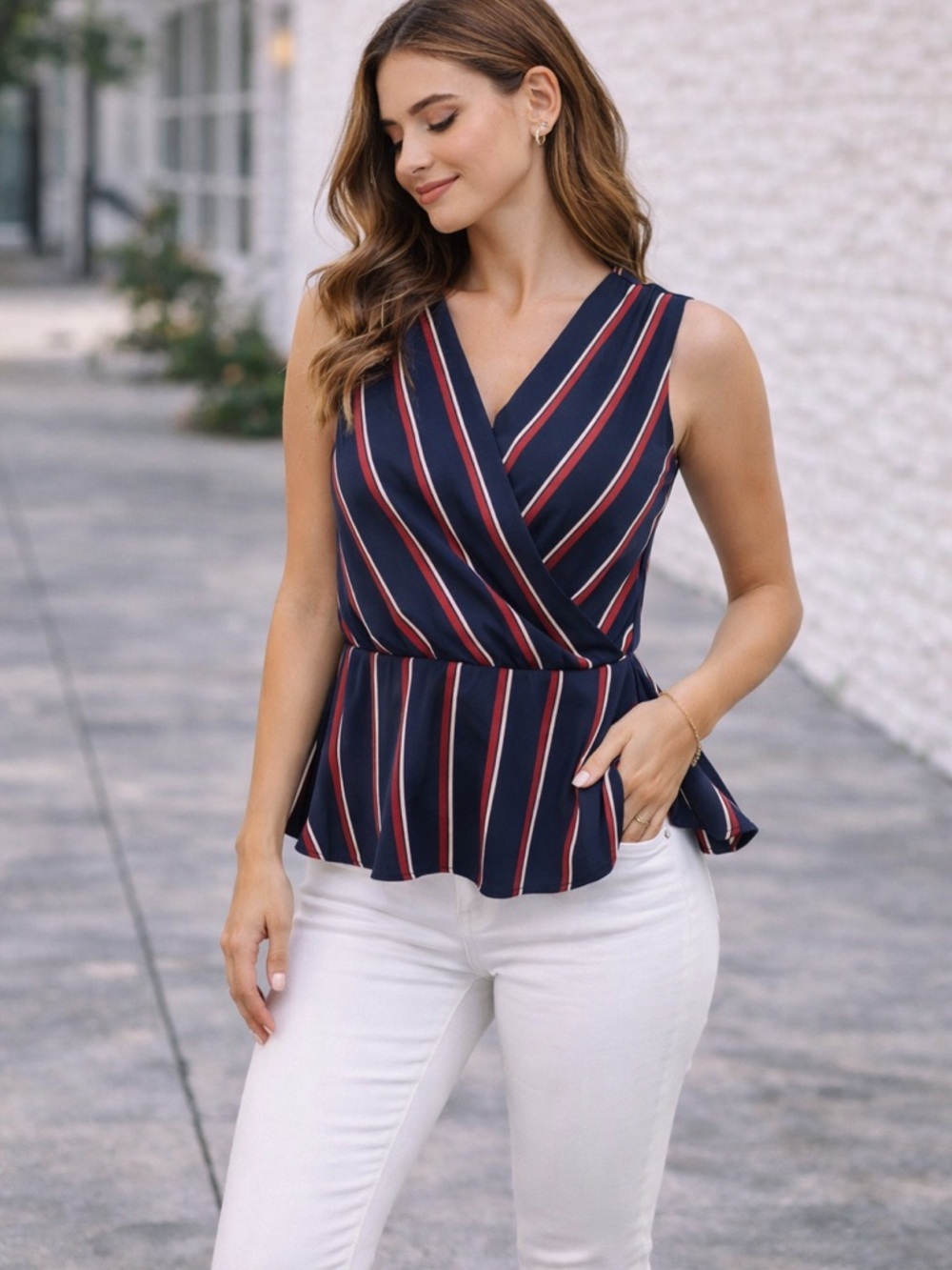 Banana Republic Navy & Red Striped Faux Wrap Peplum Top – Petite XS